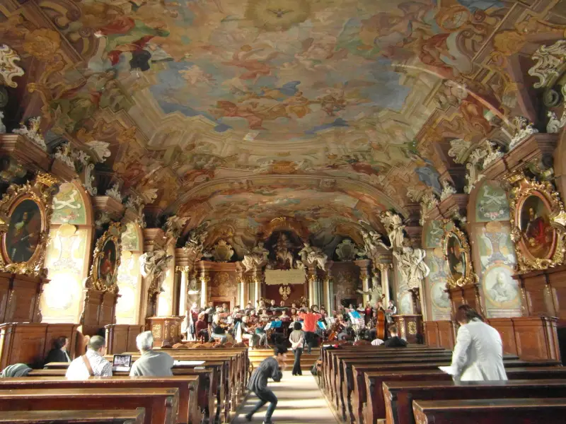 Aula Leopoldina Baroque interior at Wroclaw University, ornate 18th-century hall with frescoes and gilded details